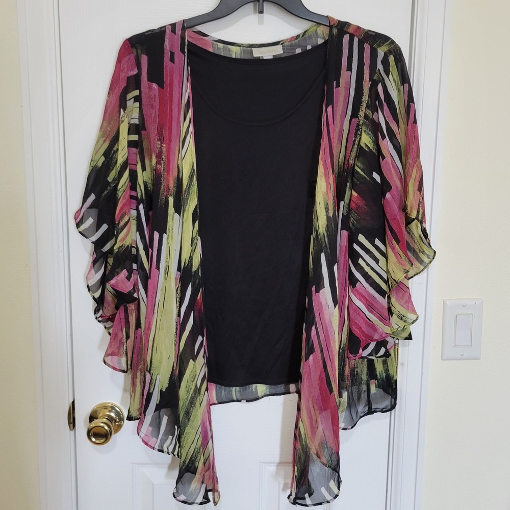 Dressbarn Womens 18/20 Abstract Print Sheer Overlay Layered Top Pink Green Black